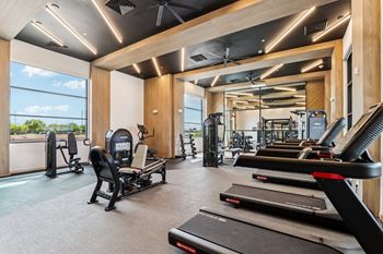A gym with treadmills, weights, and exercise equipment.